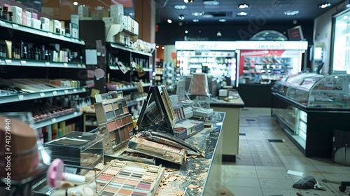 a cosmetics counter in a store with soiled, unused, and empty makeup testers
