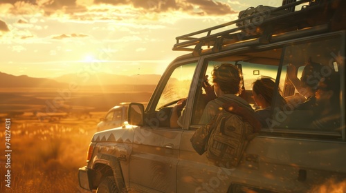 Adventure in off-road vehicle at sunset