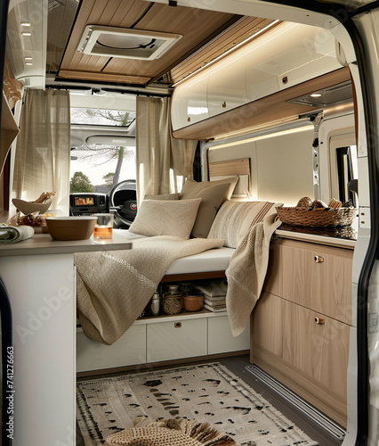 A van interior with a lot of storage for a couple of people. In the style of wood, white, and bronze.