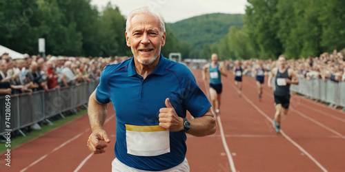 A smiling elderly man leads an active lifestyle and participates in a running marathon. Happy old age and retirement concept. Healthy lifestyle. AI generated.