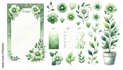 watercolor memo list items with cute floral designs in shades of green, isolated on a white background, suitable for organization and scrapbooki