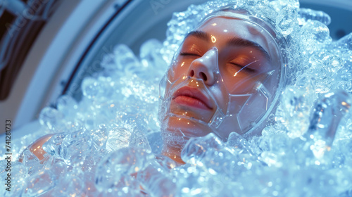 Close-up of a woman's face during cryopreservation, surrounded by ice