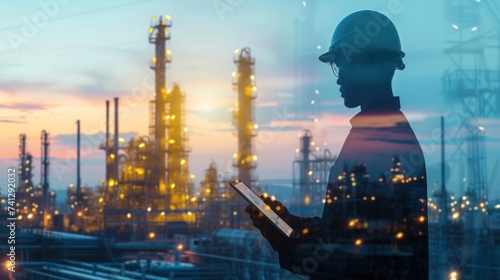 The engineer meticulously monitors the oil rig's pipeline, ensuring the safe transportation of fuel to the petrochemical plant and oil refinery while striving to protect the environment from harmful c
