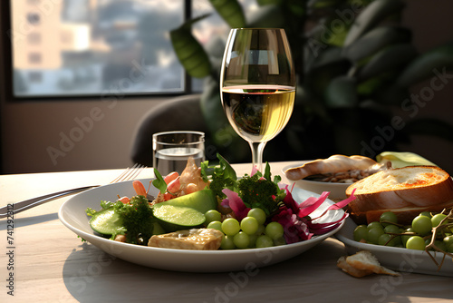 close-up, hedonistic composition of wine and fresh grape fruits, against the backdrop of a beautiful interior, generated by AI. 3D illustration