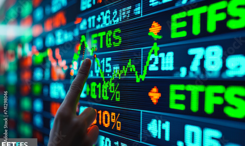 Digital screen showcasing ETFs (Exchange Traded Funds) performance with dynamic green arrows indicating growth in the stock market