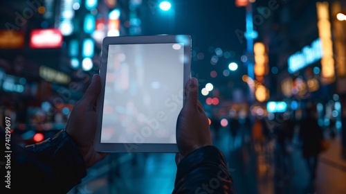 Hand holding an empty digital tablet with Smart city with smart services and icons, internet of things, networks and augmented reality concept , night scene