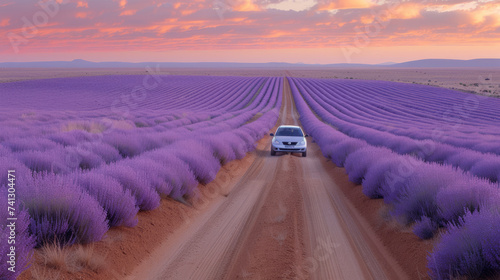  Purple blooming lavender field and car on the road.