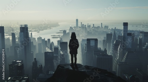 A lone person stands on a high vantage point gazing over a city shrouded in morning mist, evoking contemplation.