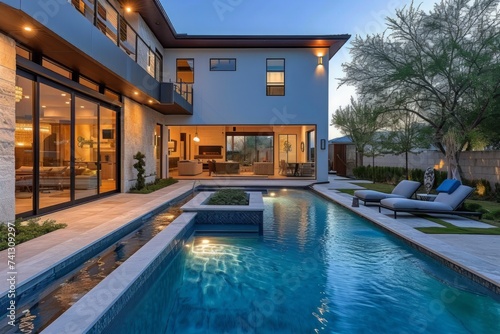 A large, modern swimming pool situated in front of an elegant house.