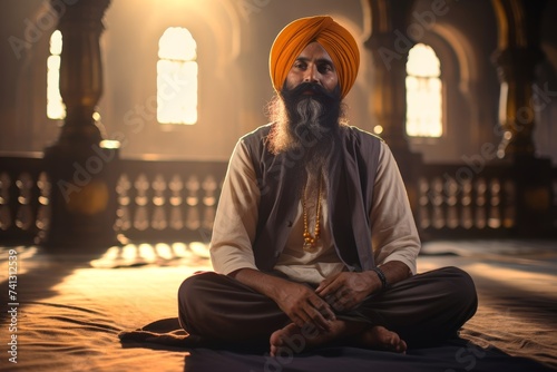 Middle-aged Sikh granthi in his 40s reciting hymns inside the Golden Temple in Amritsar, India