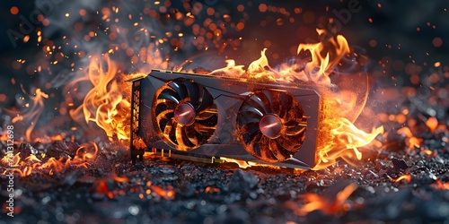 Potential Damage Risk from Overheated Graphics Card Emitting Flames and Smoke. Concept Graphics Card, Overheating, Fire Hazard, Potential Damage, Smoke Emission