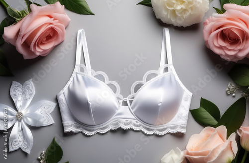 White lacy lingerie on white background. Sexy bra, panties flat lay, top view. Horizontal banner with copy space for text. No people. Fashion lingerie set, essential accessory and stylish underwear.