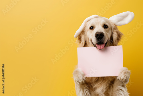Happy Golden Retriever dog with bunny ears headband holds a blank sign mock-up, template for Easter greetings, vibrant yellow background with copy space for text