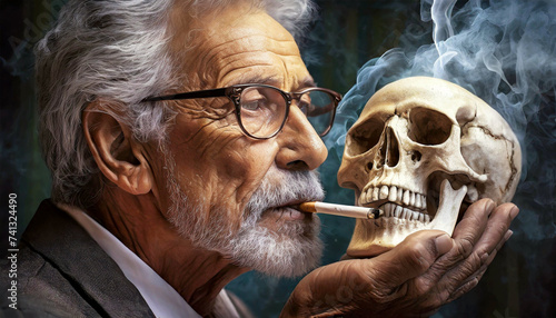 Portrait of an old man smoking a cigarette and holding a human skull on dark background with smoke. Anti smoking campaign concept. Generative Ai.