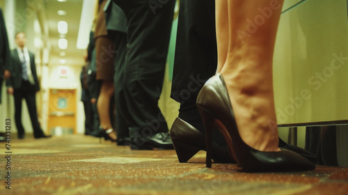 Professional Group Waiting in Line in Office Setting, Showcasing Various Business Attire and Footwear, Prepared for Meeting or Interview Process, Highlighting Body Language and Confidential Anonymity.