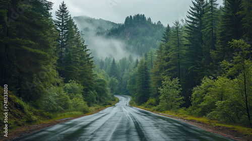 Road to the mountains in the rain, travel concept, beautiful view 