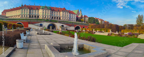 Warsaw, Poland October 2, 2023: Panorama of the Royal Castle in Warsaw. View of the garden and Arcades of Kubicky. Poland