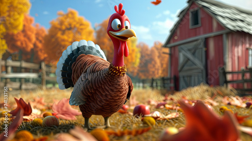 Cartoon cute bird turkey on the farm