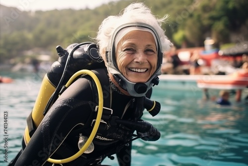 Portrait of a senior woman scuba diver smiling at the camera
