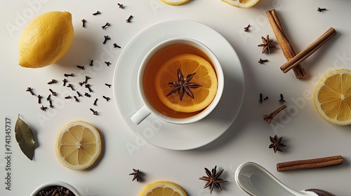 beautiful tea presented from a top view, infused with elements of lemon, cinnamon, cloves, and other spices, evoking warmth and comfort.