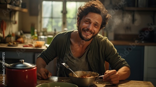 Bachelor Kitchen Scene: Young Man Eating from Pan