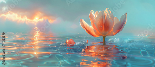 a tulip flower in the water with blue, in the style of dreamlike illustration