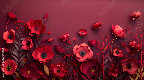A picturesque arrangement featuring ruby red paper flowers against a rich burgundy background, allowing for tailored text or greeting card sentiments. Tailored for International Women's Day