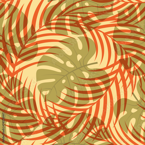 Seamless pattern with hand drawn tropical leaves on beige background.