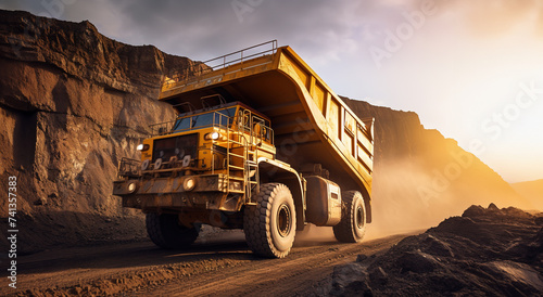 Large quarry dump truck. Transport industry. A mining truck is driving along a mountain road.