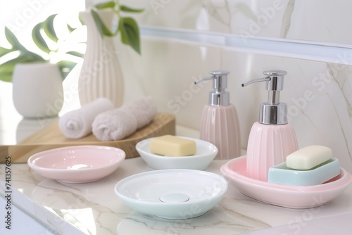 pastel ceramic soap dishes and dispensers in a modern bathroom