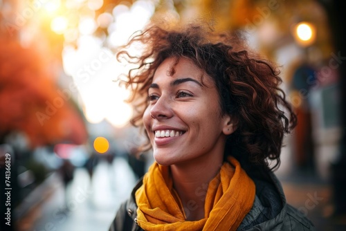 A joyful woman with curly hair enjoys a brisk autumn day in the city, her happiness evident as she strolls amidst the fall colors, Generative AI