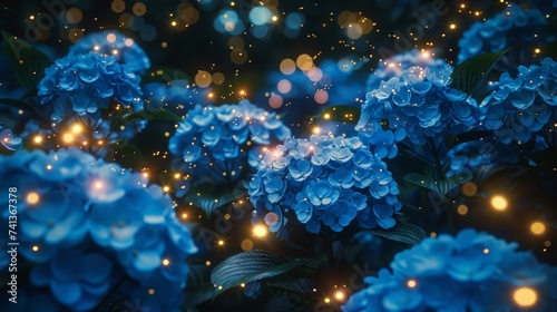 Nighttime in a magical garden with glowing fireflies around hydrangea bushes, creating an enchanting atmosphere with shades of blue and soft light