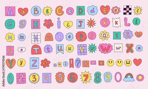 Vector set of colorful ransom note letters. Hand drawn doodle alphabet in 90s style. Cute font for collage, scrapbook design. Y2k funky stickers