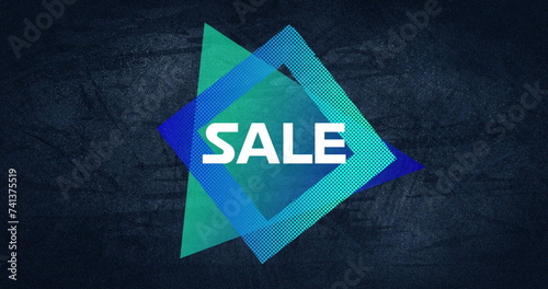 Image of huge sale text in white over blue square and triangle on grey flickering background