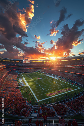 A 3D visualization of an empty American football stadium awaiting the arrival of fans with pristine field lines and futuristic design elements hinting at the games evolution