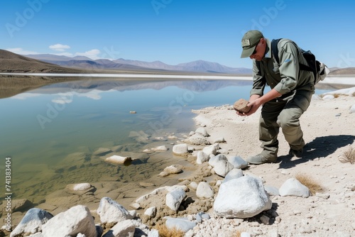 geologist examining rocks by arid desert lake