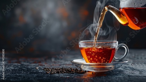 Hot Rooibos tea being poured from teapot into glass cup against dark backdrop