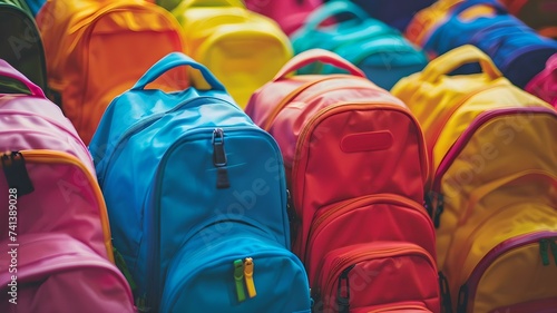 Colorful backpacks, tightly packed, show a range of bright hues like blue, red, pink, yellow, and green. The foreground blue and red backpacks stand out with more detail