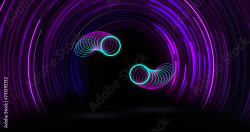 Image of neon circles and spiral on black background