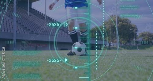 Image of scope scanning and data processing over caucasian man playing football