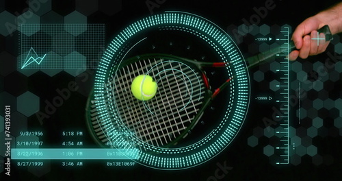 Image of scope scanning and data processing over caucasian male tennis player