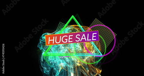 Image of huge sale text over colorful shapes and wave