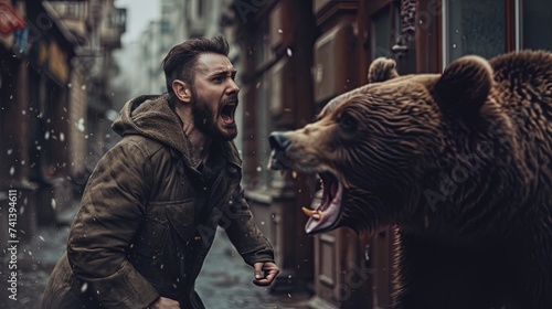 Terrified man screaming and running from a bear on a city street. A predator in the city