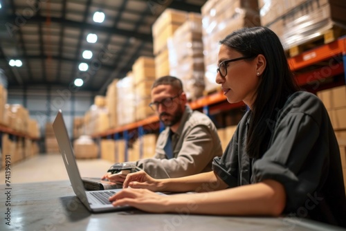 Warehouse managers immersed in work on a laptop, efficiently coordinating logistics, shipping, and inventory for business fulfillment, Generative AI