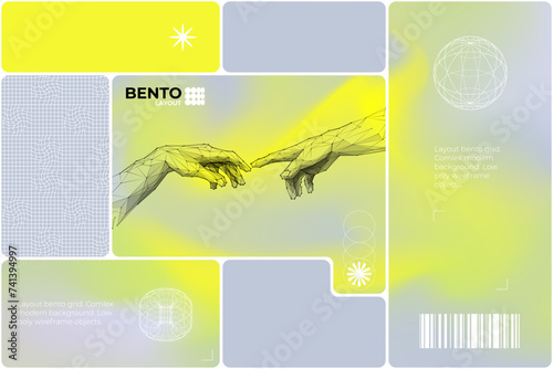Bento grid web layout with y2k and brutal shapes and design elements on yellow, green, gray concrete fluid gradient background. Puzzle cards. UI design template. Complex liquid mesh gradient. Vector