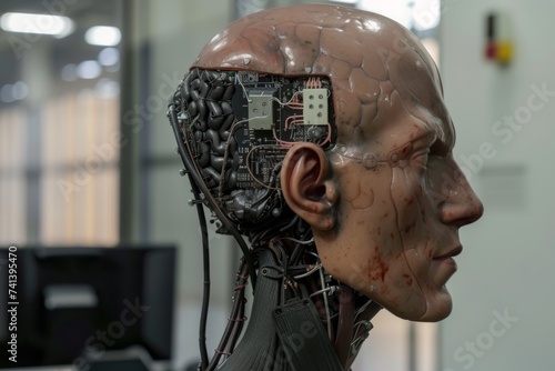 AI Brain Chip cache hit. Artificial Intelligence brain network maturation mind neon indigo axon. Semiconductor ml circuit board axon degeneration diseases