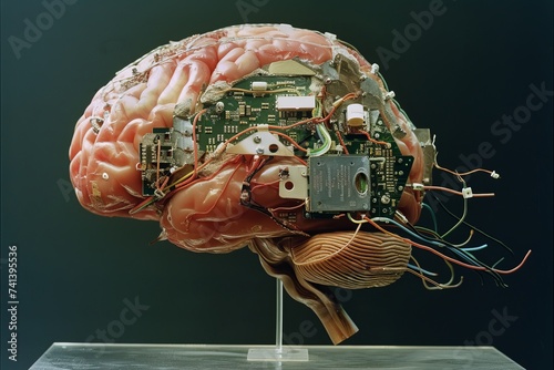 AI Brain Chip dendrites. Artificial Intelligence simd processor mind working memory axon. Semiconductor pipeline processing circuit board action potential
