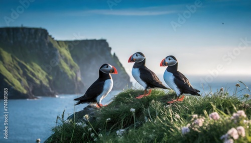 Atlantic puffins (Fratercula arctica) on a rock 