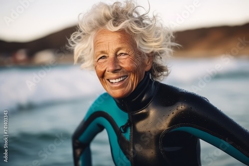 Portrait of happy senior woman in wetsuit with surfboard