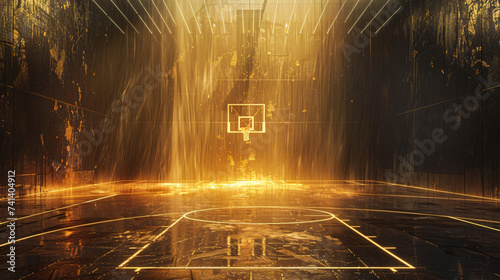 basketball court with a spotlight, in the style of dark gold